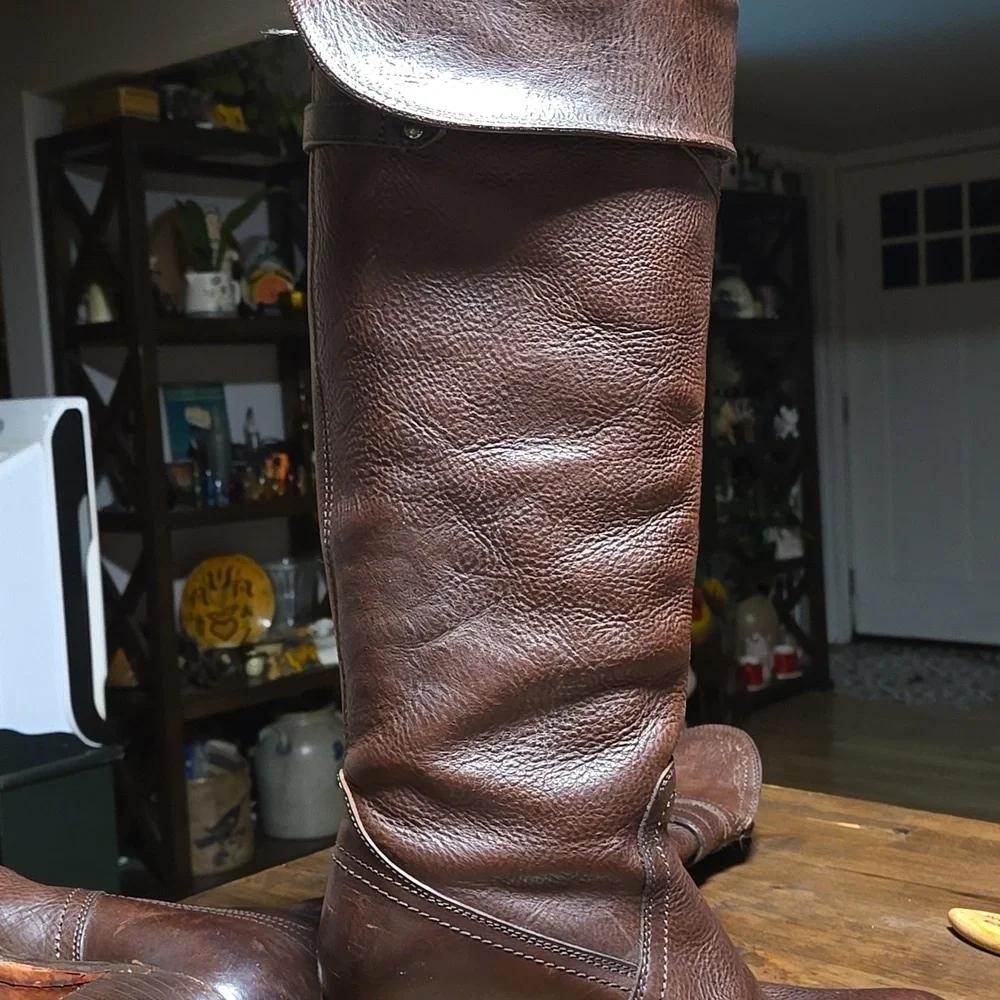 Frye Jane Fold Over  Rich Brown Leather Boots Knee High Womens Size 7